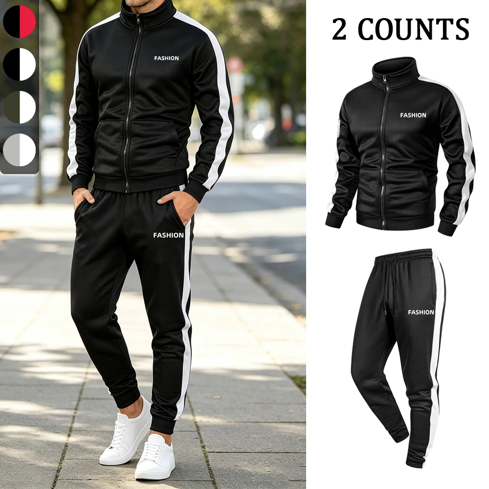 Men's Casual Athletic Set Stand Collar Zip Up Jacket Drawstring Trousers With Fashion Letter Print For Daily Running And Commute