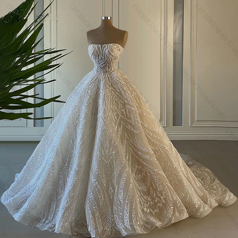 Luxury Strapless Sequins Mermaid Wedding Dress Appliques Beaded Strapless Bridal Gowns Custom Made Floor Length Dresses