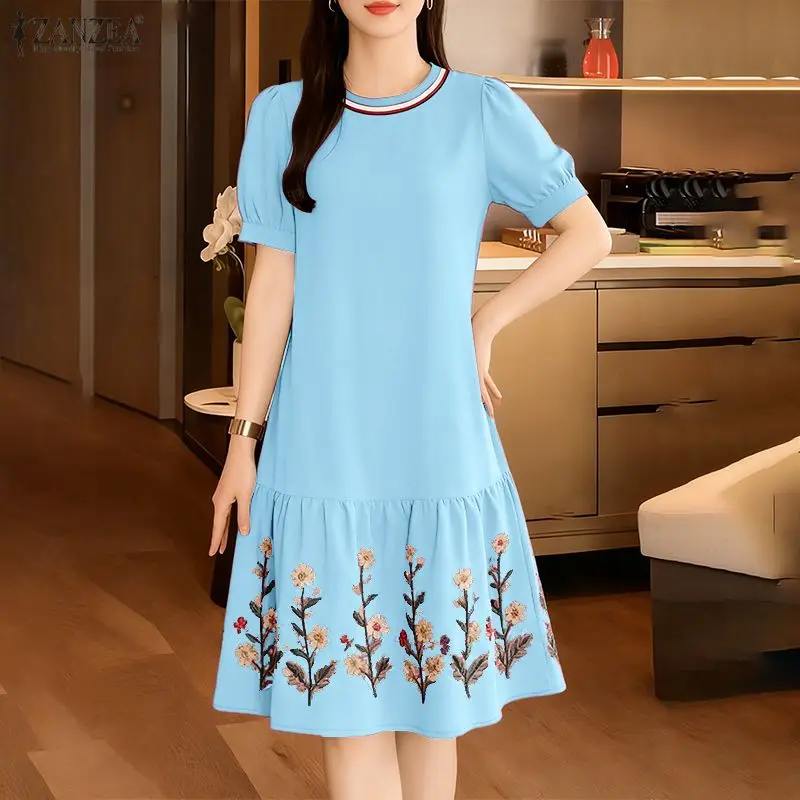 ZANZEA-vestido estampado Floral para mujer, vestido elegante de manga corta abombada, vestido veraniego con volantes para fiesta de vacaciones hasta la rodilla 2026