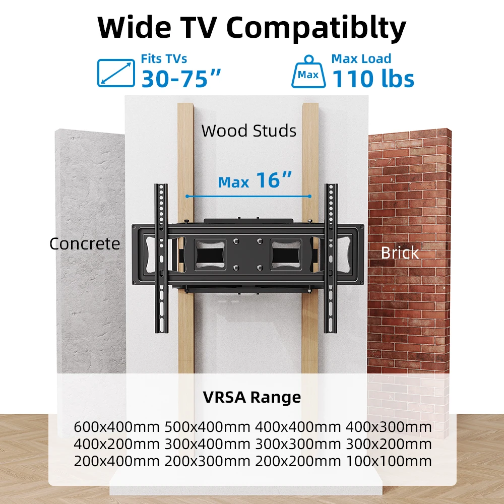 Uchwyt ścienny do telewizora 32-75 cali, uchwyt do telewizora z pełnym ruchem, przegubowy, obrotowy przedłużacz, przechylany, poziomujący maks. VESA