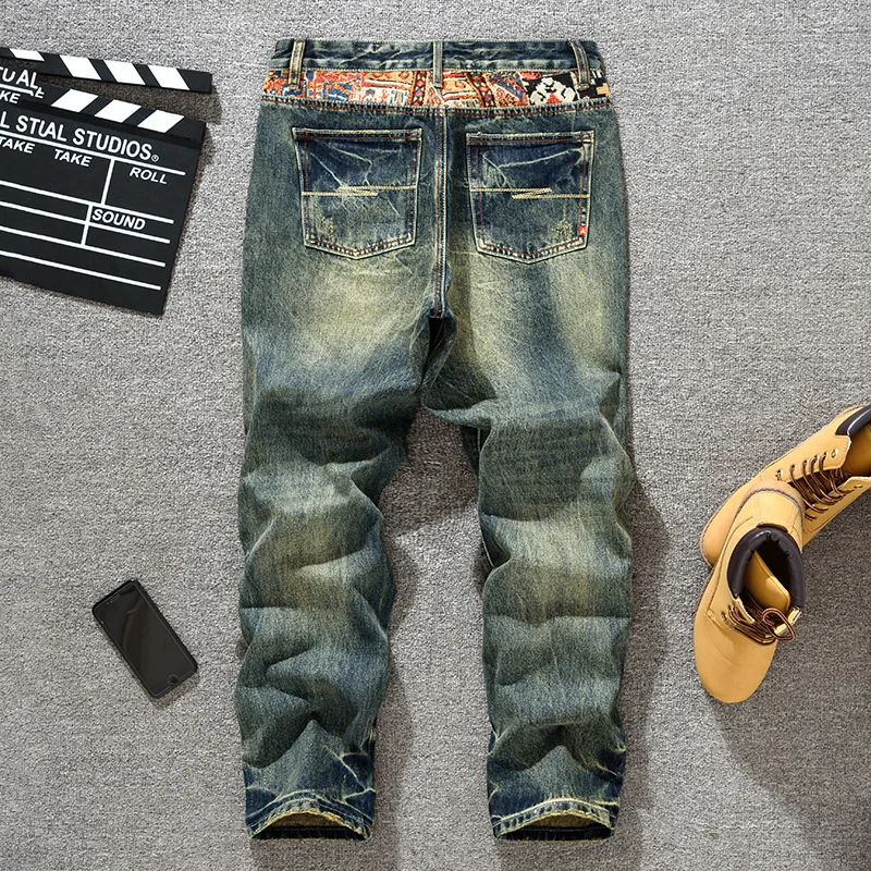 レトロアメリカントレンディブランドスプライシング刺繍プリントハーレンパンツメンズルーズストレートチューブノスタルジックジーンズ