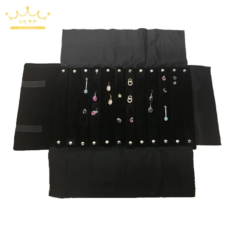 High-Capacity Earring Storage Roll Bag Black Velvet Jewelry Display Storage Bag 60 Pairs Stud Earrings Roll Organizer Cases