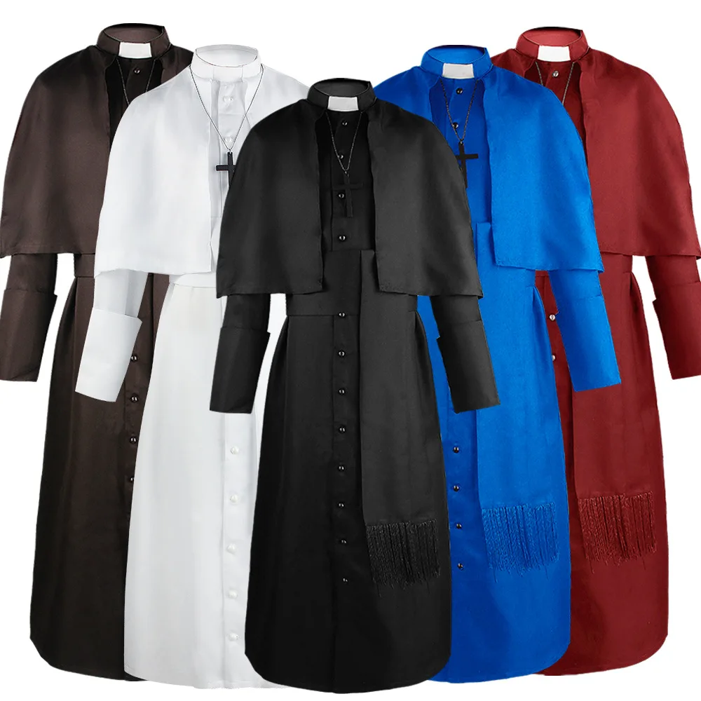 Medieval Pure Color Priest Cosplay Costume Halloween Role-playing Priest Pope Outfit Women's Traditional Chinese Costume
