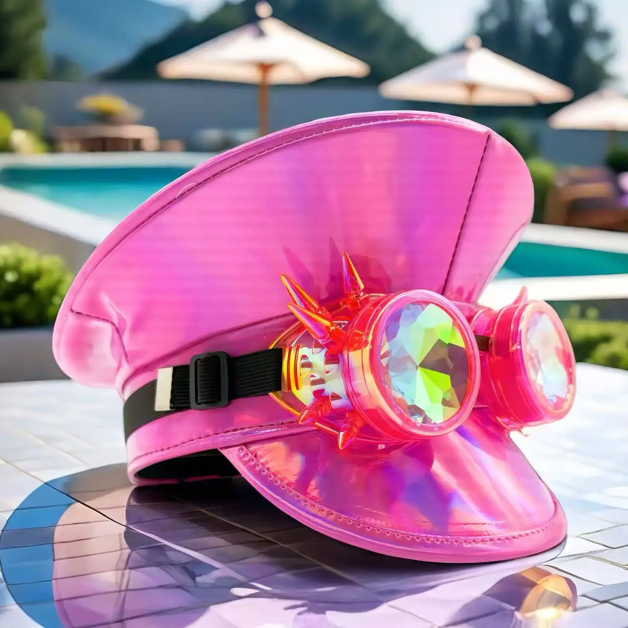 HongLuan Laser lederen kapiteinshoed Strass en militaire petten voor dames, Rave Festivals Accessoires & Feestpet Man Cosplay Fem