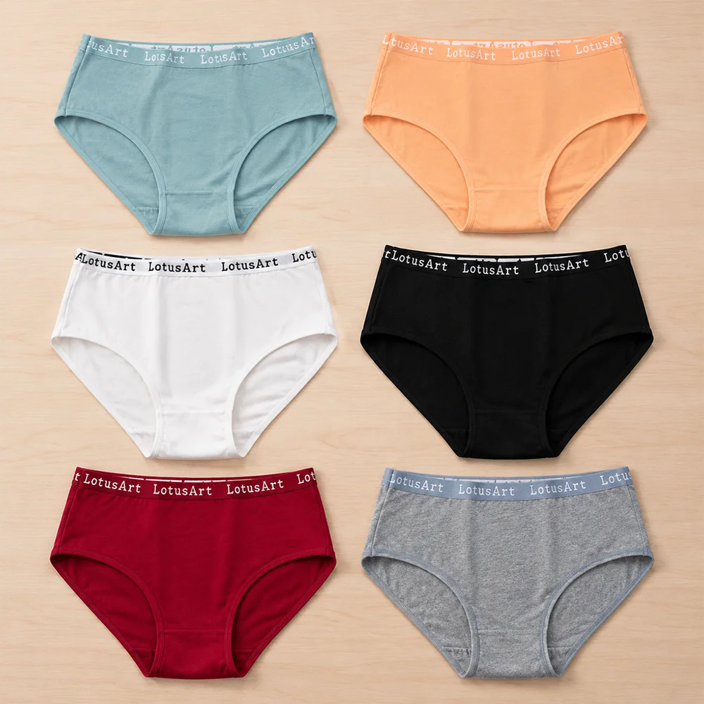 6pcs Women's Cotton Seamless Underwear High Elastic Letter Waistband Briefs Sexy Solid Color Panties Sports Soft Underpants