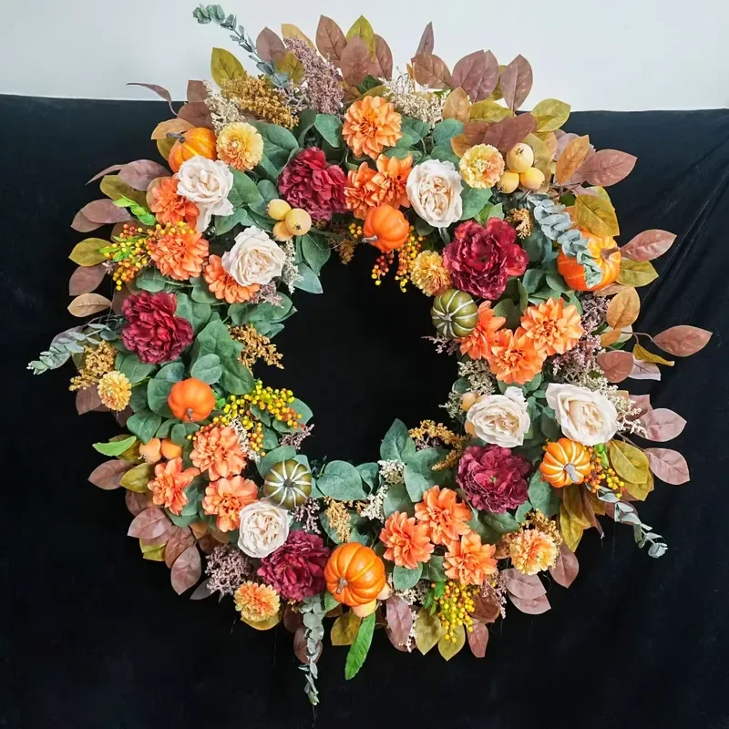 Burgundy orange yellow Christmas silk flower wreath with a diameter of 1 meter artificial flower plant and pumpkin wreath,