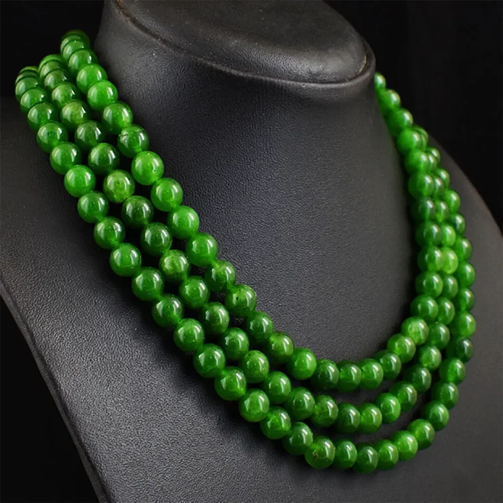 3 Strand 8mm Green Jade Round Shape Beads Necklace