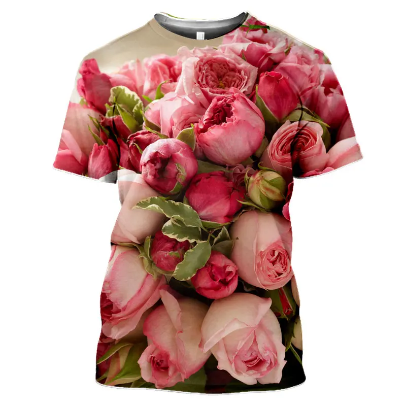 Summer Fashion Rose Flower graphic t shirts For Unisex 3D Printed Personality Colorful Pattern Round Neck Short Sleeve Tees Tops