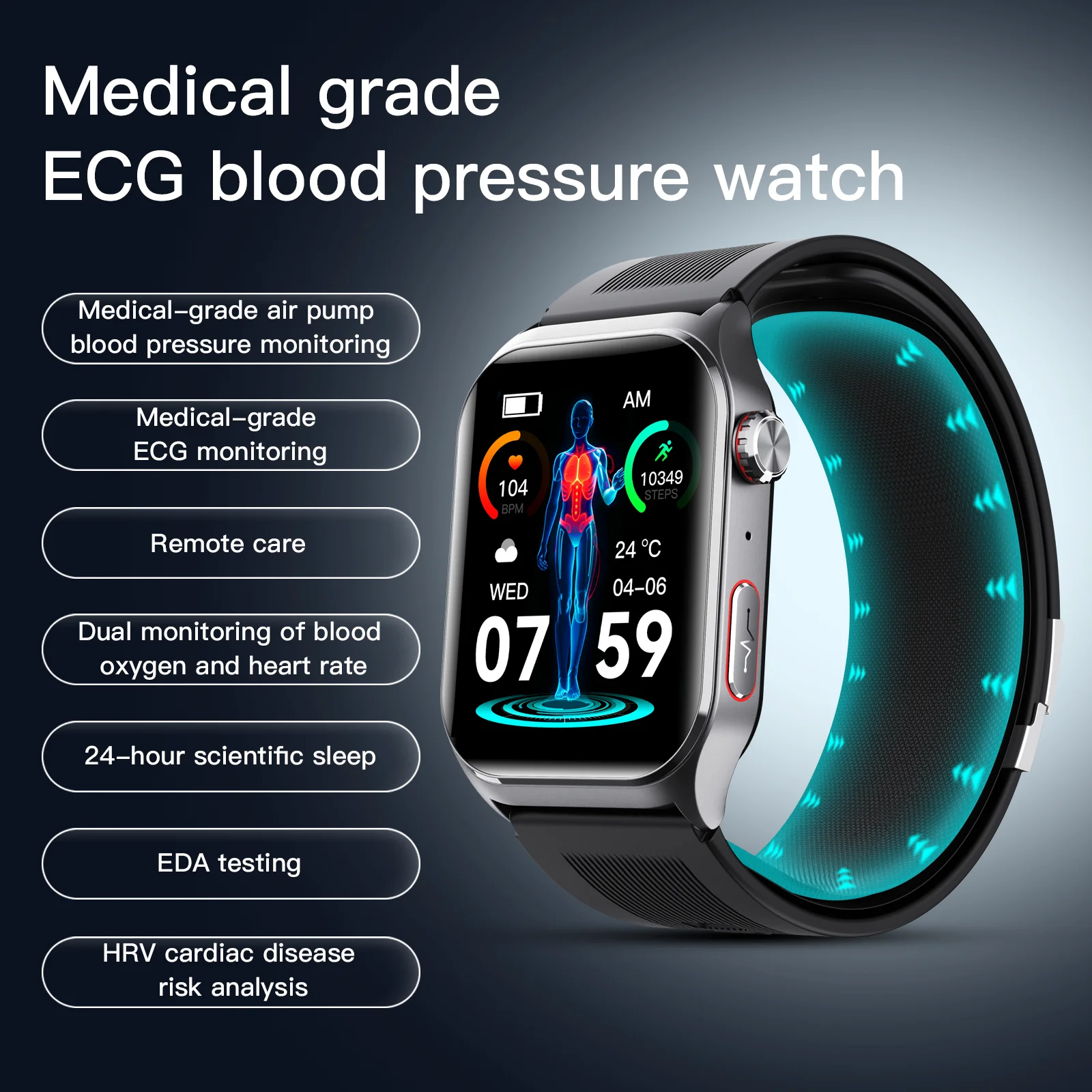 F520 Medical Air Pump Blood Pressure Smart Watch ECG Heart Rate Accurate Oscillometric Measurement HRV Blood Health Watch