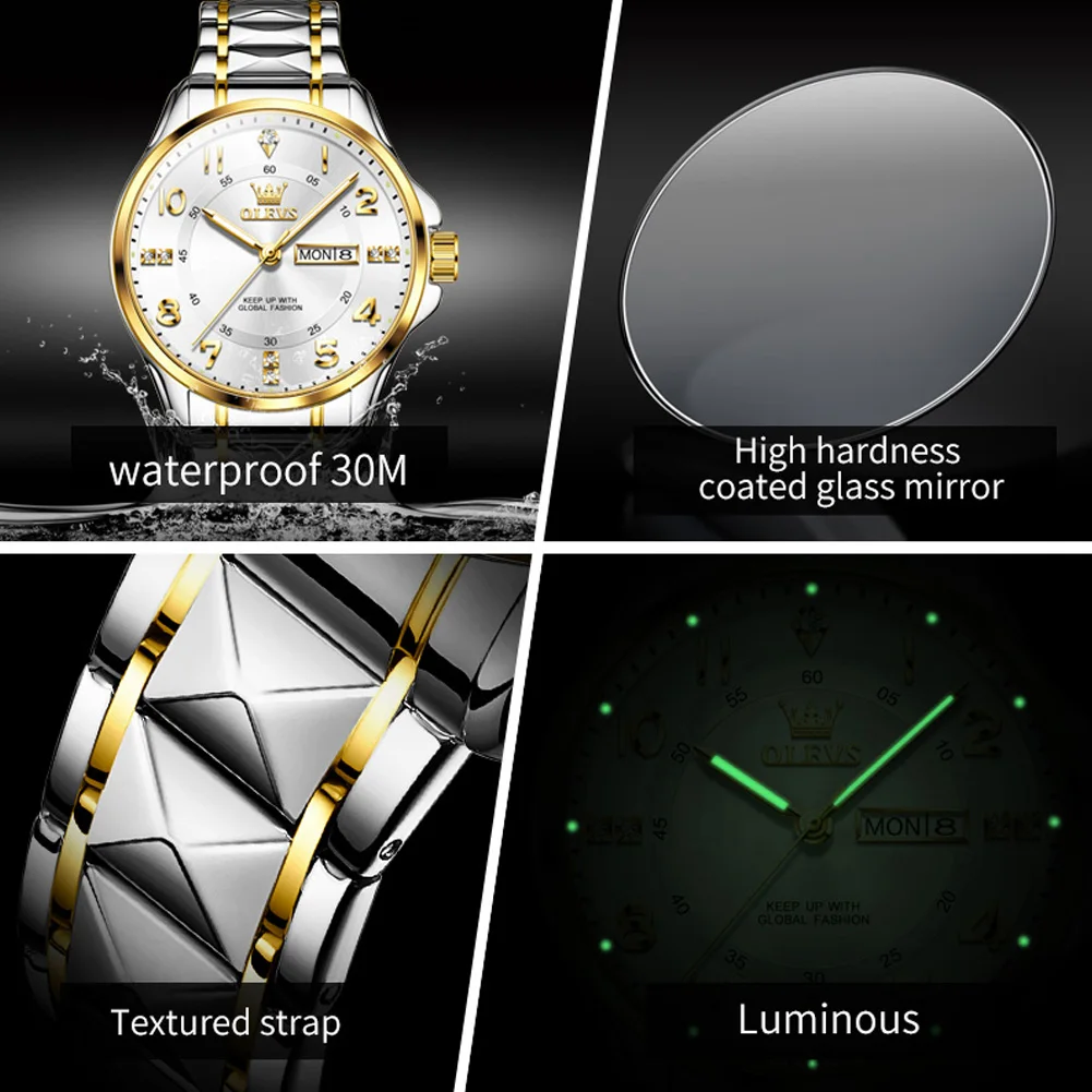 OLEVS 2910 Luxury Original Quartz Watch For Men Women Diamond Number Dial Couple Watches Calendar Waterproof Dress Hand Clock