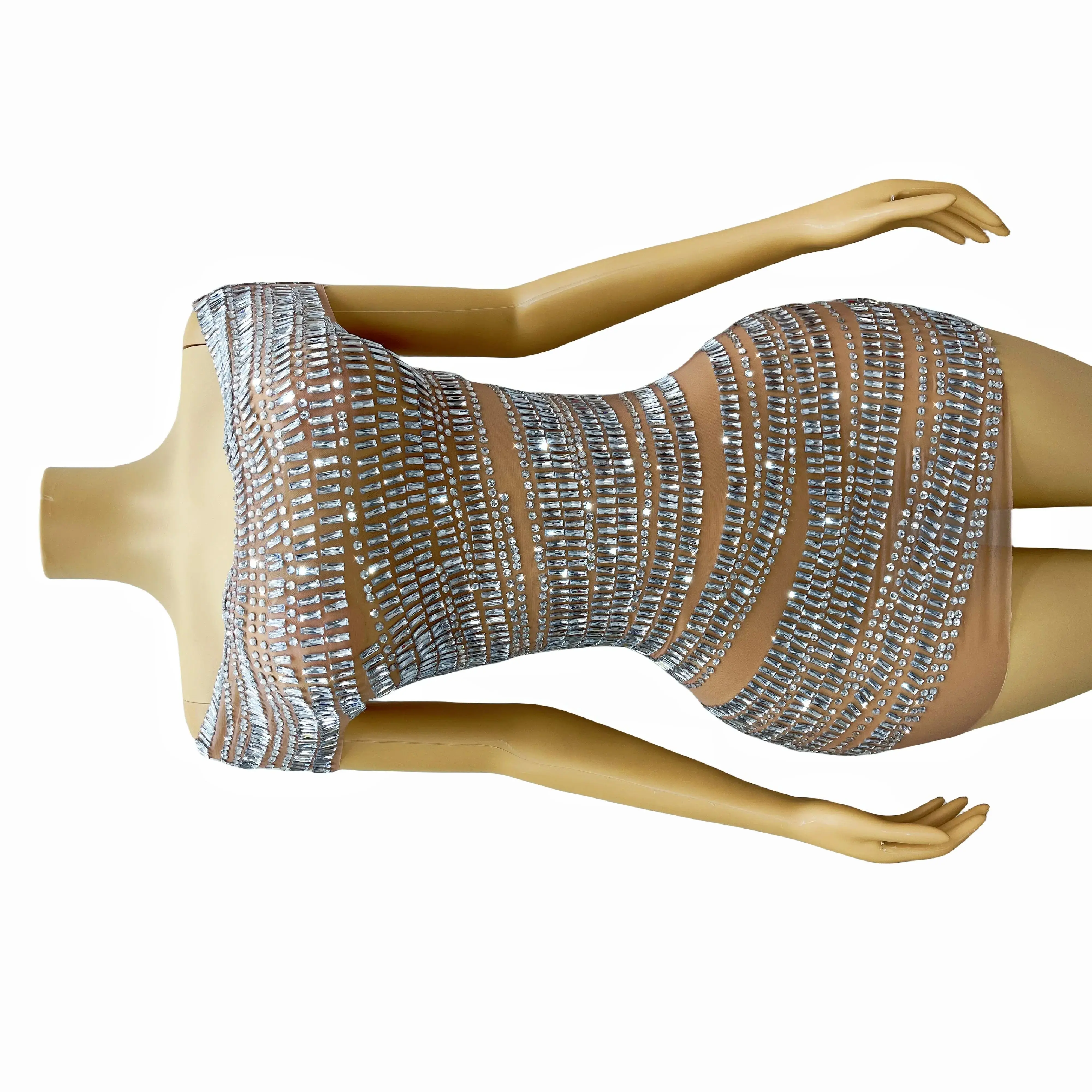 

Rhinestones Mini Dress Birthday Celebrate Party Outfit Singer Transparent Performance Designed Costume gangsuo