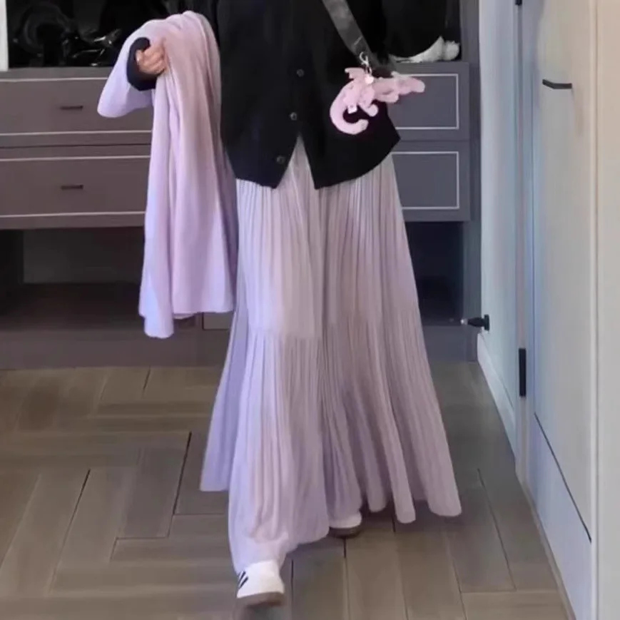 Women Spring and Summer Trend High Waist Pleated Long Skirt Casual Elegant Solid A-line Big Swing Skirt Girl Half Fairy Skirt