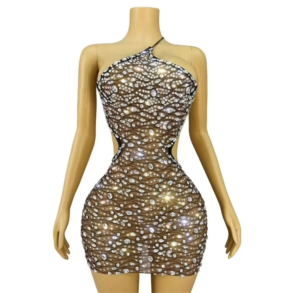 

Fashion Sexy Backless One Shoulder Sleeveless Diamond Bodycon Mini Dress Celebrity Party Dress