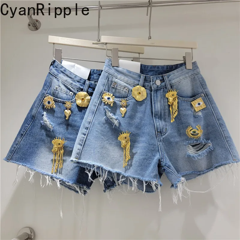 American Metal Buckle Hole Tassel Blue Short Jeans Hot Girls New Spring Summer All-match High Waist Loose Wide Leg Denim Shorts