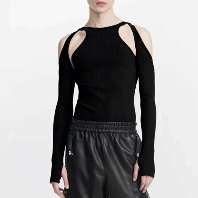 2026 men Cut Out Shoulder Top Long Sleeve Ribbed Knit Hollow Out Slim Fit Party Club Night Out Y2K Streetwear S-L Hot Sale