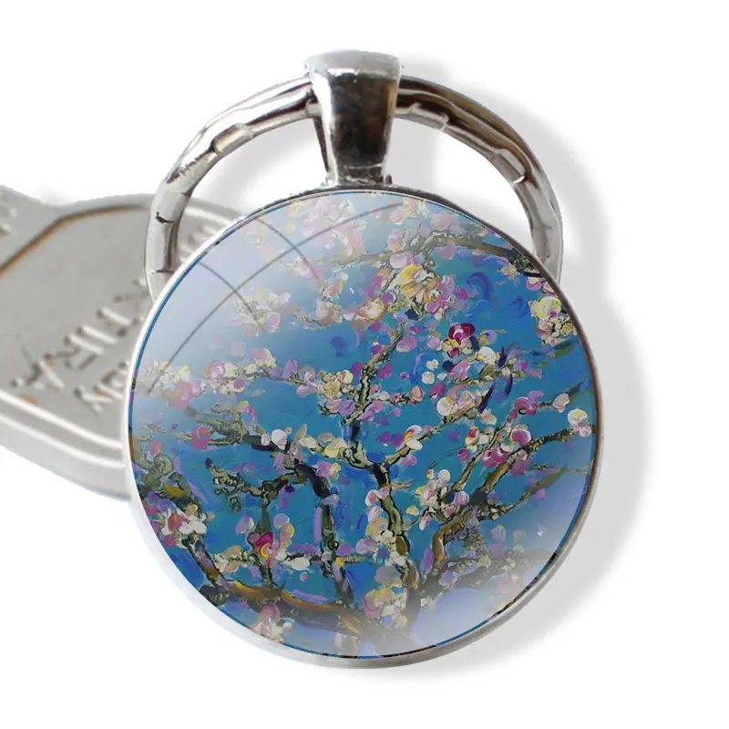 Keychain Handmade Glass Cabochon Key Ring Holder Pendant Key Chains Vincent Van Gogh Almond Blossoms