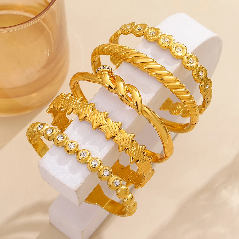 Vintage Textured Geometric Gold Plated Bracelets Twisted Rope Flower Knot Zircon Stainless Steel Stackable Cuff Bangle For Women