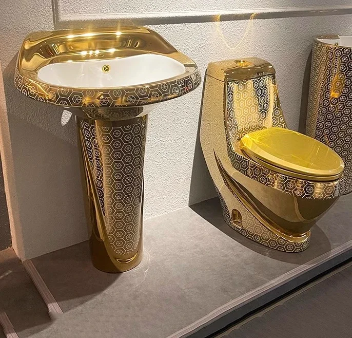 Toilette europea in oro di lusso leggero, toilette in oro tiranno locale, toilette elettrolitica, lavabo a colonna per il lavaggio delle mani