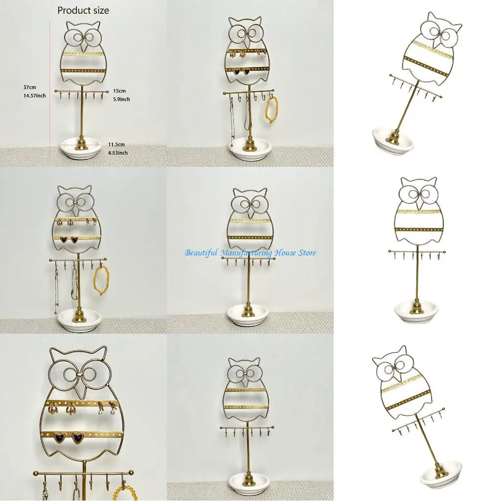 

E56A Multi Level Owl Jewelry Stand Ceramic Base Iron Frame Earring Holder Organizers