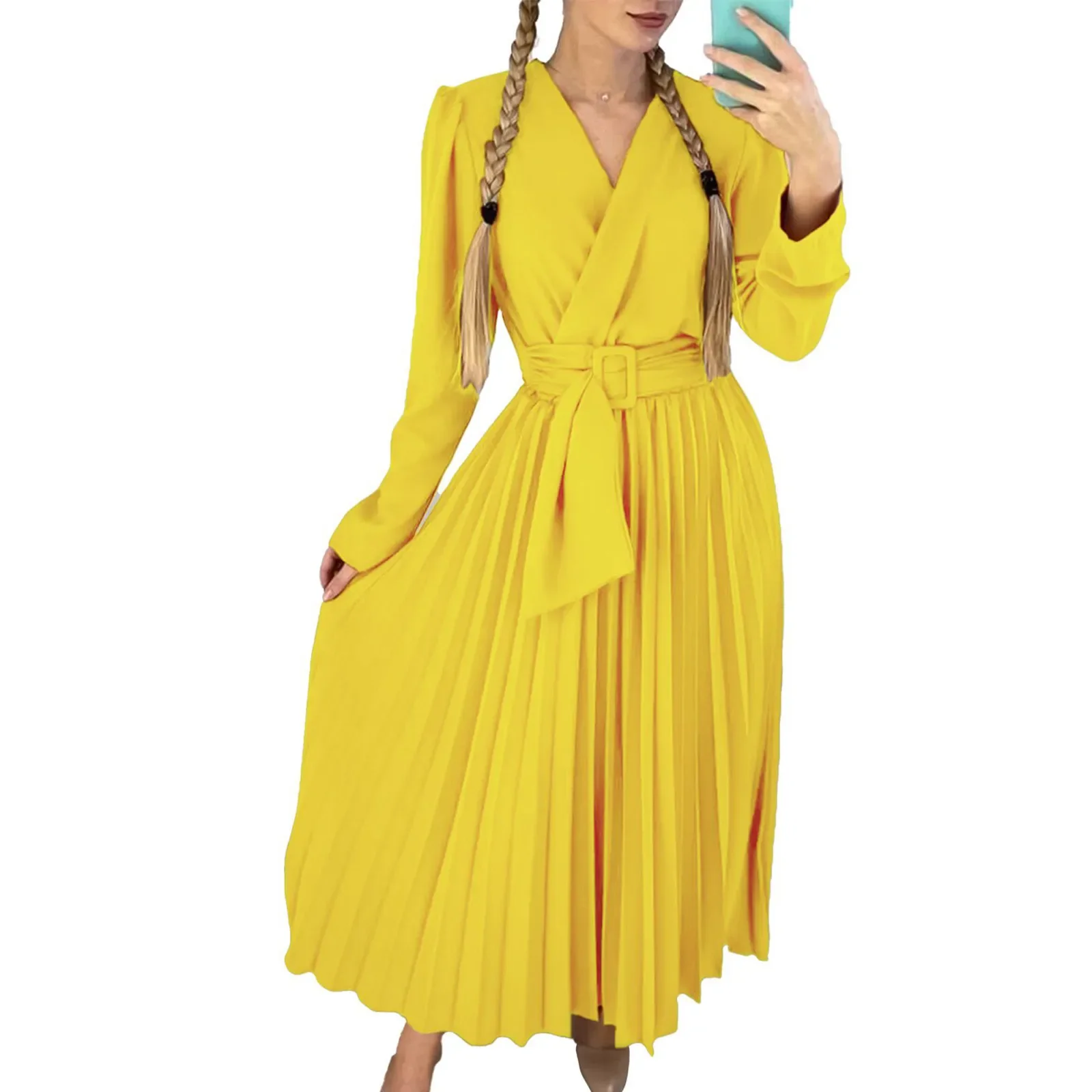 

Chiffon Long Dress Women Full Sleeve Solid V Neck Pleated Dresses Elegant Big Hem Evening Vestidos High Quality Autumn Clothing