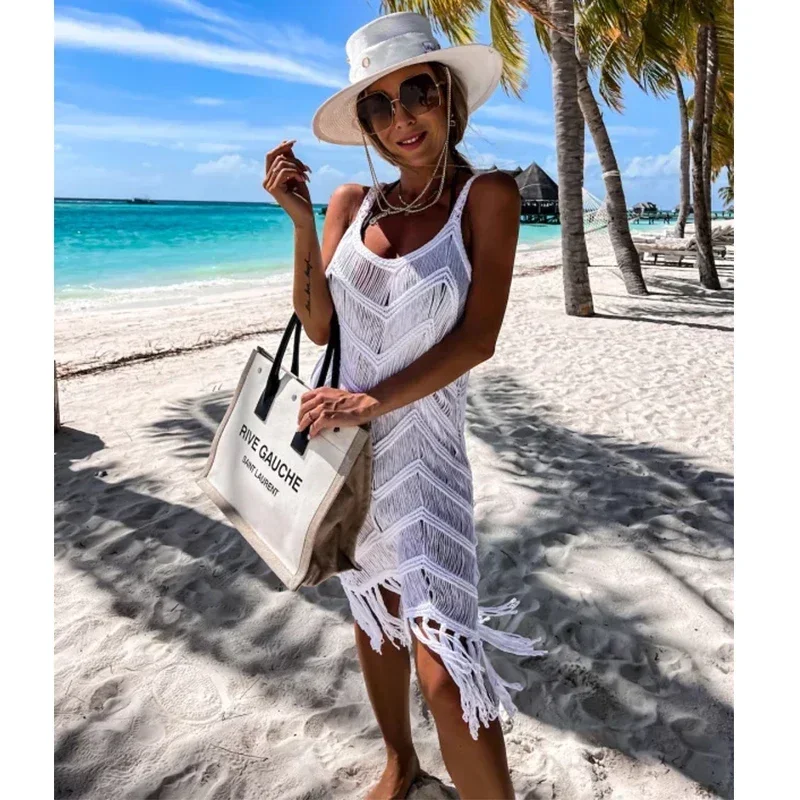 2024 White Crochet Tunic Bikini Cover-ups Sexy Hollow Out Dress Women Summer Clothes See Through Beach Wear Tassel Cover Up