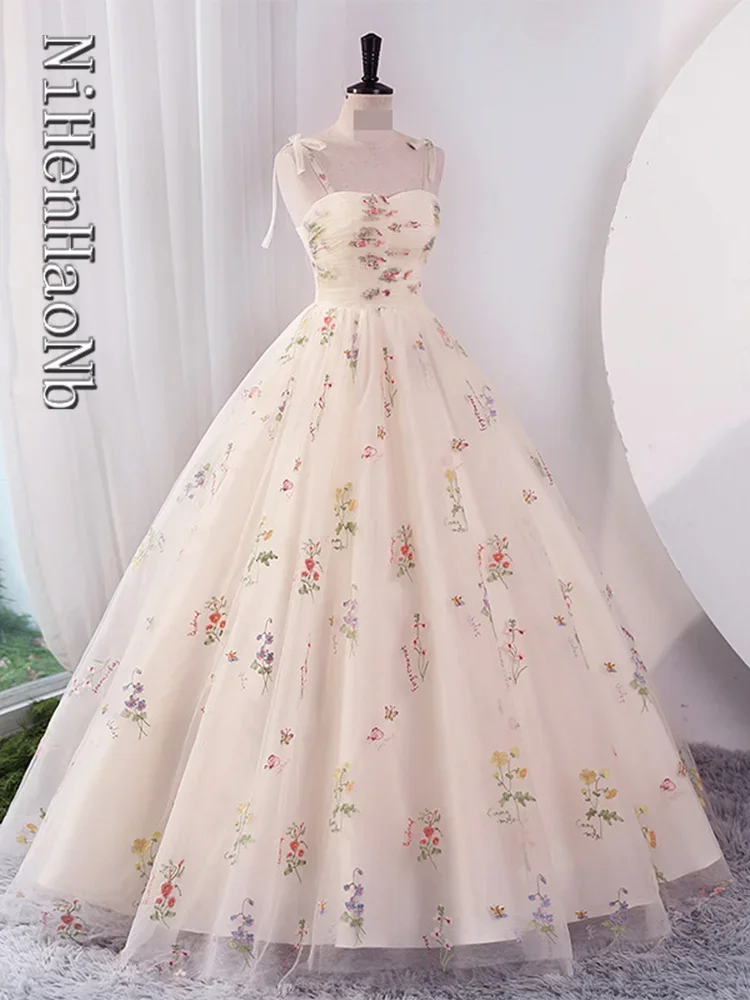 Gaun panjang bordir Floral Gaun malam Prom gaun pesta Suspender elegan musim panas 2023 gaun Princess Host Formal