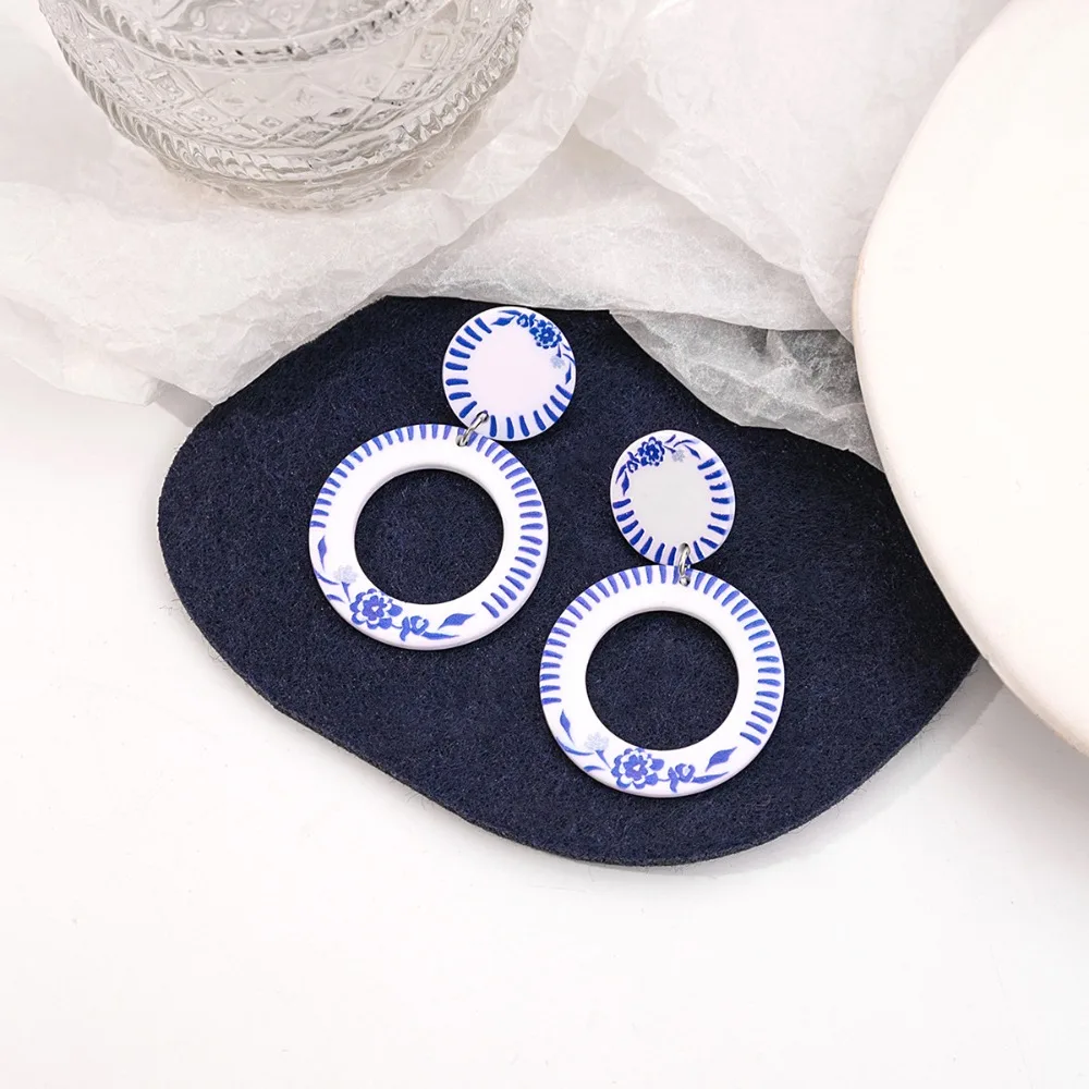 Vintage Blue and White Porcelain Earrings Chinese Style Elegant Elegant Geometric Earrings Geometric Plating Hanfu Earrings