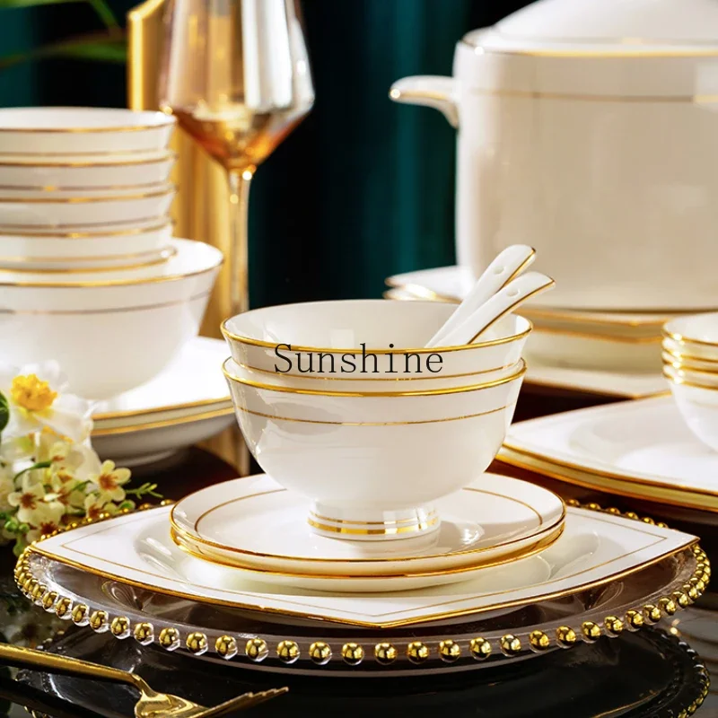 Set household high-end bowl and plate combination modern light luxury housewarming wedding gift bone china tableware