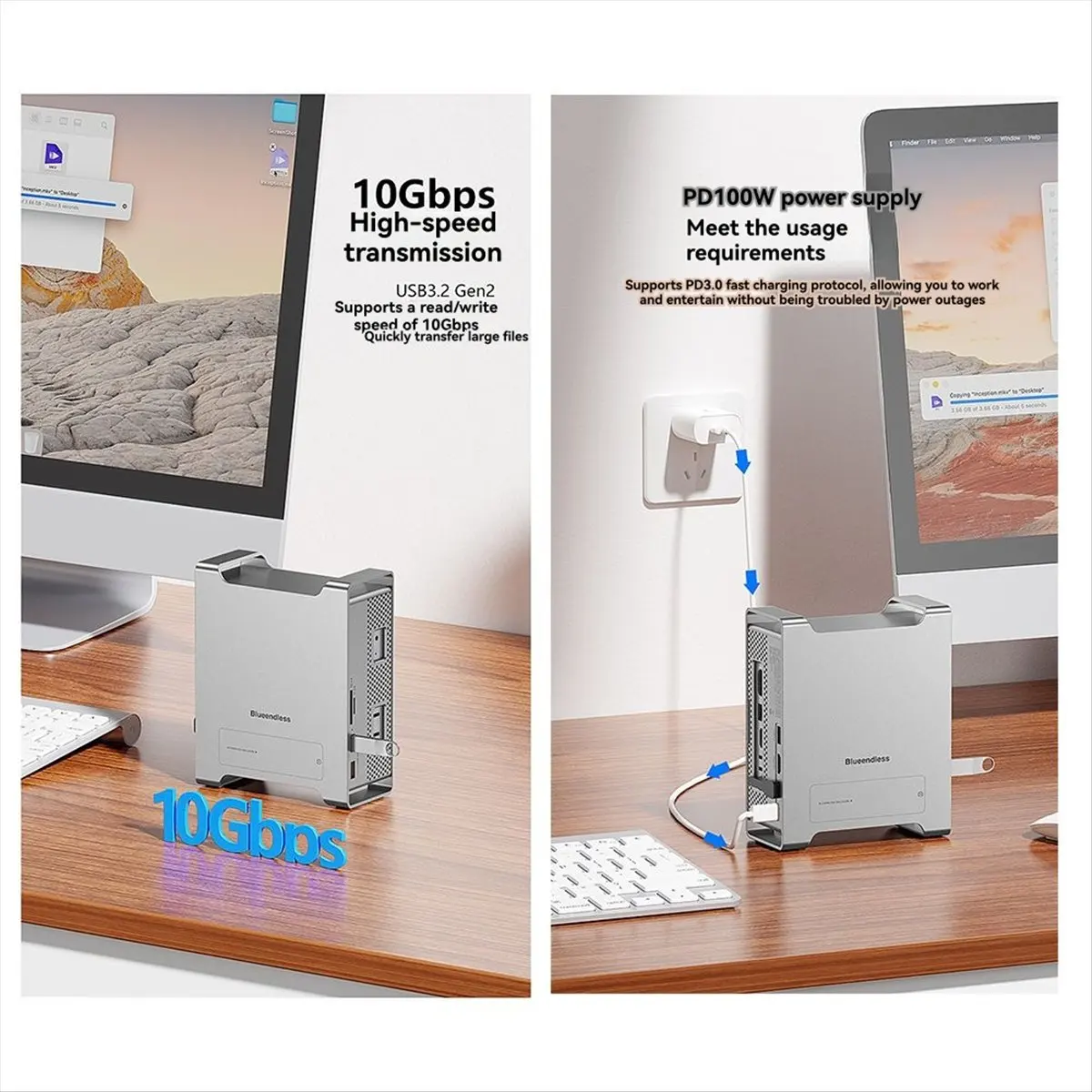 A46U Blueendless Docking Station for Mac Mini M4 - 10Gbps USB 3.2 USB 2.0 SD/TF Card Slots M.2 NVME SSD Enclosure PC Accessories