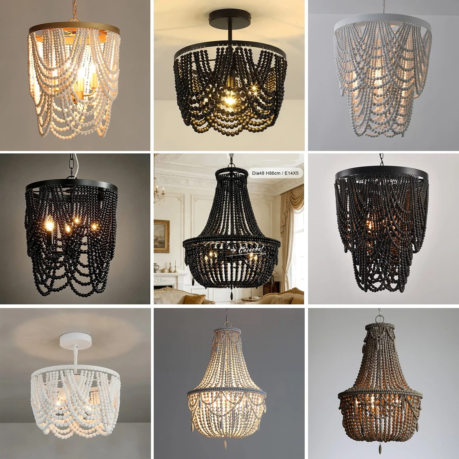 Black French Country Chandelier Large Hanging Lights Dia60 H65cm Living Room Boho Wood Bead Chandelier For Bedroom Dining Room