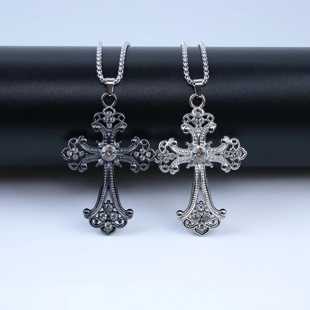 Elegant Vintage Gothic Cross Pendant Necklace for Men Women CZ Crystal Hollow Floral Cross Necklace Y2K Sweater Chains Jewelry