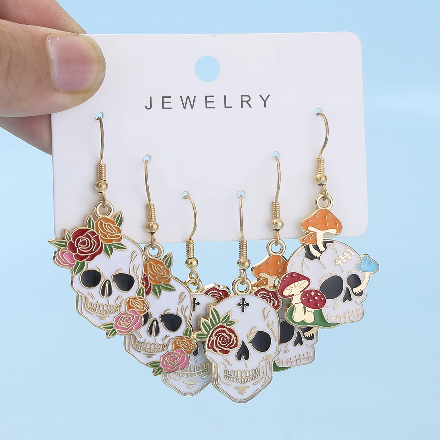 3 Pairs of Alloy Enamel Colored Halloween Flower Skull Dangle Earrings Set Charms And Interesting Jewelry Girl Gift