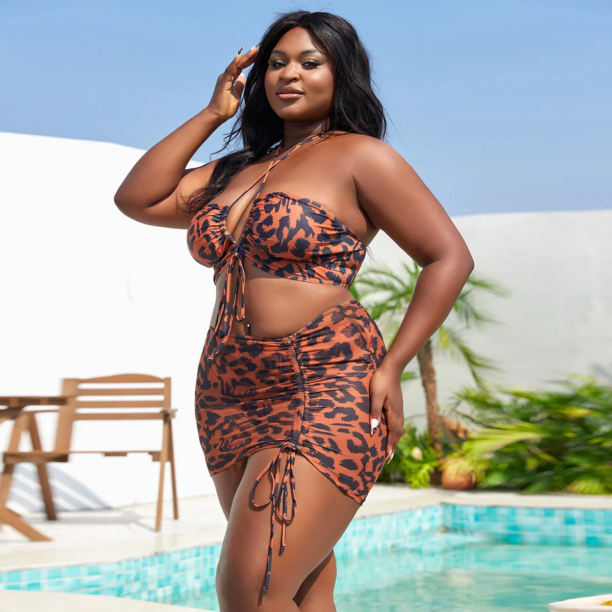 Plus Size Women 3‑Pcs Leopard Print Swimsuit Halter Drawstring Bikini Top High‑Cut Bottom Mesh Skirt Beach Bathing Suit Swimwear