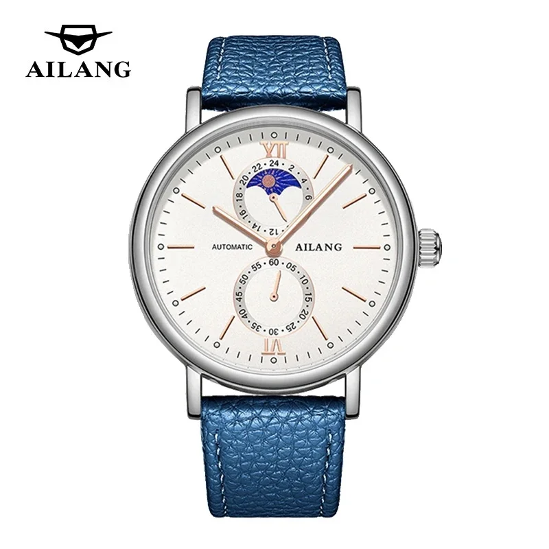 AILANG Men's Quartz Watch with Leather Strap Waterproof Luminous Moon Phase Feature - High Quality Top Brand Timepiece