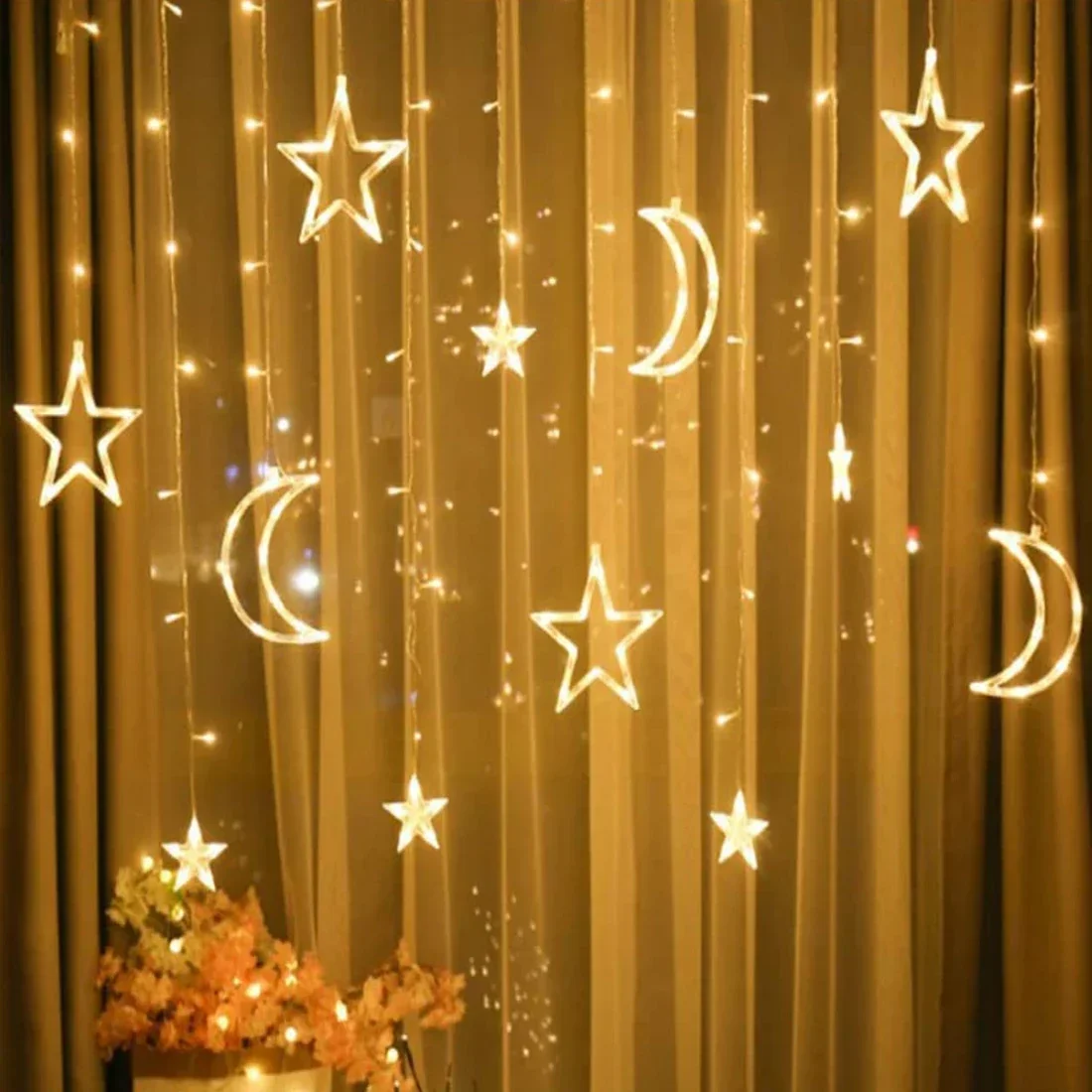 Moon Star Curtain String Lights, 8 modos intermitentes, Ramadan, festa de casamento, Natal, Dia das Bruxas, Jardim, Decoração interior, 11.5FT,