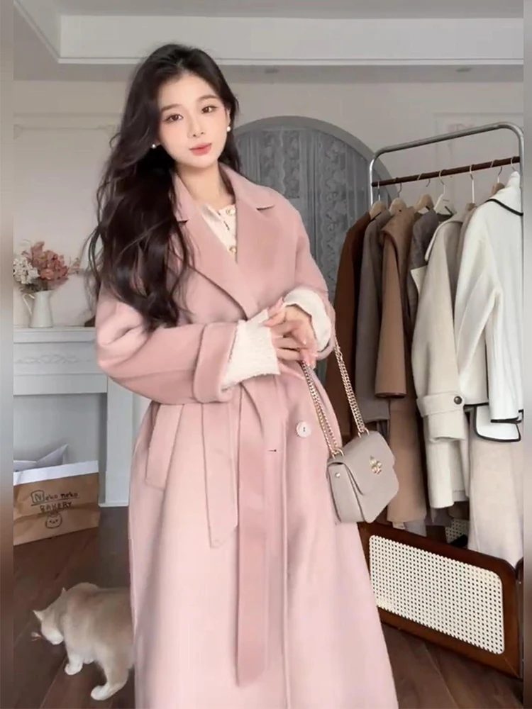 Large Size Hepburn Style Pink Woolen Coat Women's Autumn Winter Korean High-End Feeling Medium Length Tweed Coat