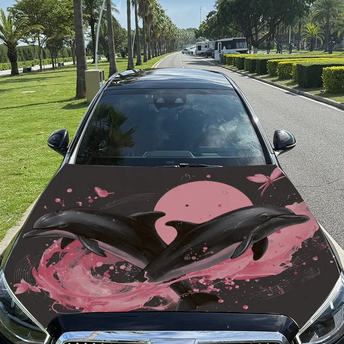 

Dolphin Movement Under Pink Moon Car Vinyl Wrap, PVC Material Waterproof Car Hood Sticker, Self-Adhesive Scratch-Resistant Stick