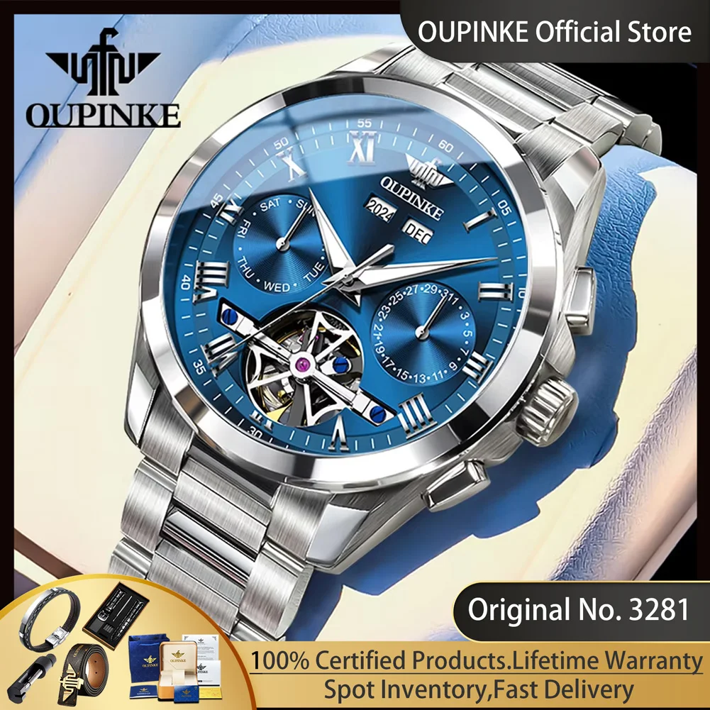 OUPINKE 3281 Skeleton Flywheel Men's Watches Original Brand Automatic Mechanical Watch for Men Luxury Stainless Steel Man Watch