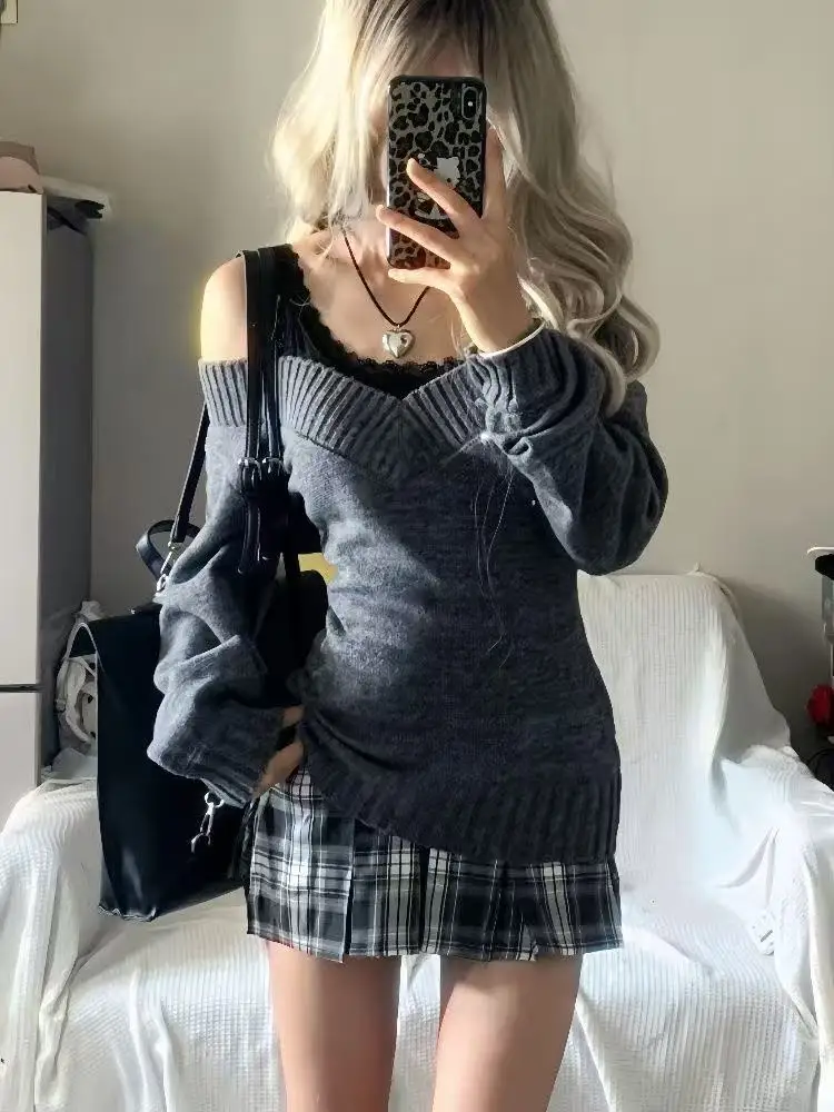 2025 موضة المرأة الاتجاه مثير سترة Vintage سترة برقبة على شكل v وقميص قصير رمادي الخريف الشتاء بلوفر مغزول كل مباراة البلوزات #5