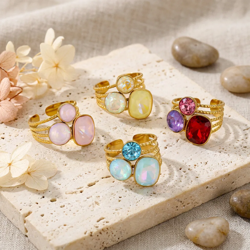 Cross-Border Popular 18K Gold Light Luxury High-end Crystal Glass Open Ring Women Stainless Steel European and American Jewelry