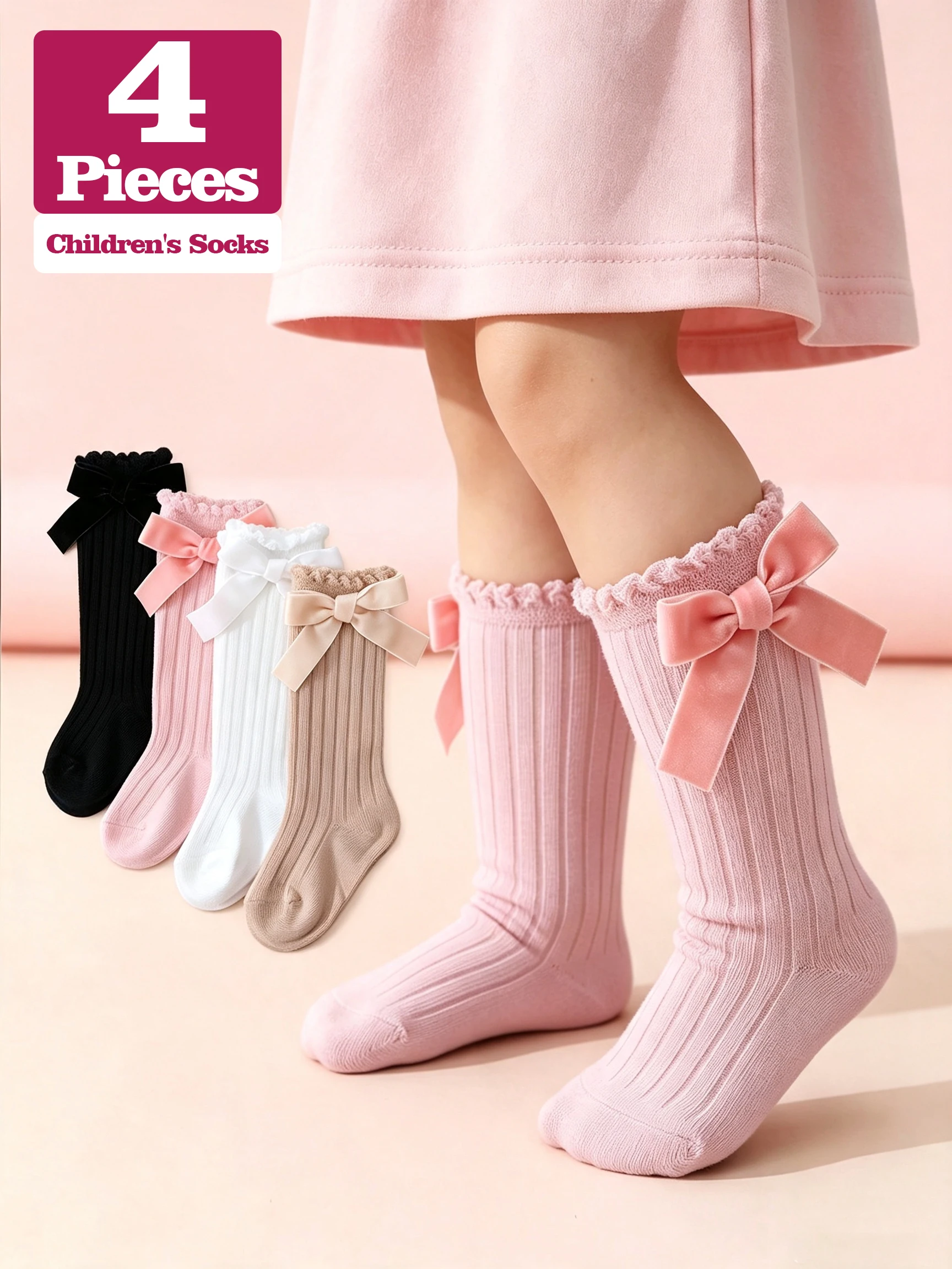 4 Pairs Baby Girls Bow Knee High Socks 0‑3Y Solid Color Ruffle Cuff Ribbed Socks Infant Sweet Casual Daily Dress Matching Socks