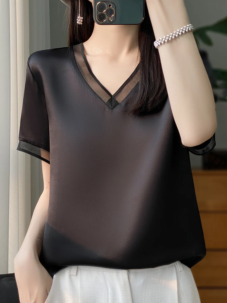 Women silk Oversized T- Shirt V Neck Casual satin Tees Summer Solid Champagne Loose T-Shirt Fashion New Style Elegant DiscountsT
