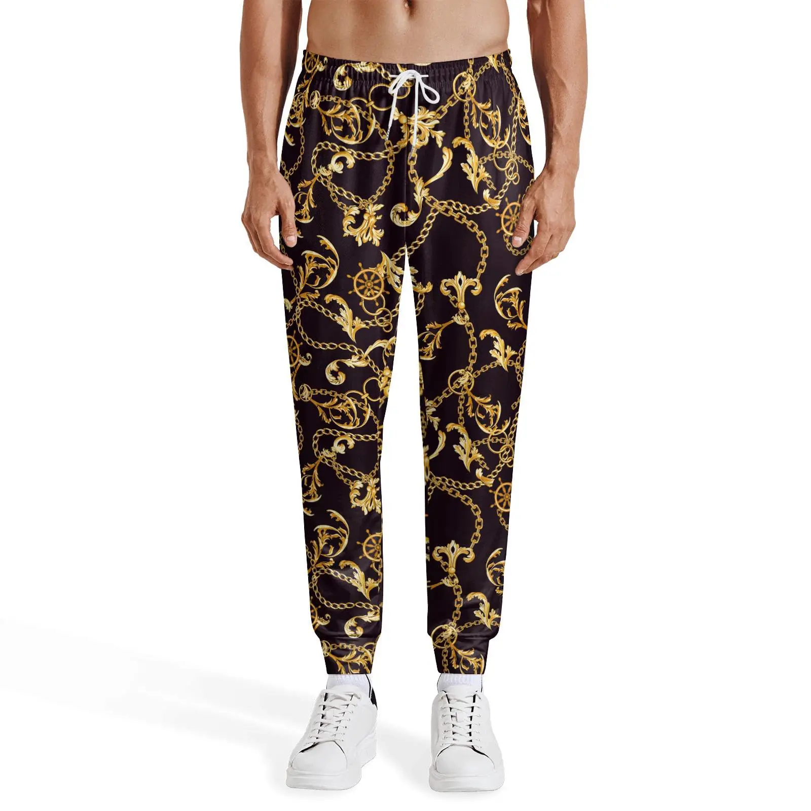 Men's  Women's Black Baroque Sweatpants with Gold Chain, 3D Full-print Luxury Retro Sports Pants, Hip-hop Street Style Trousers.