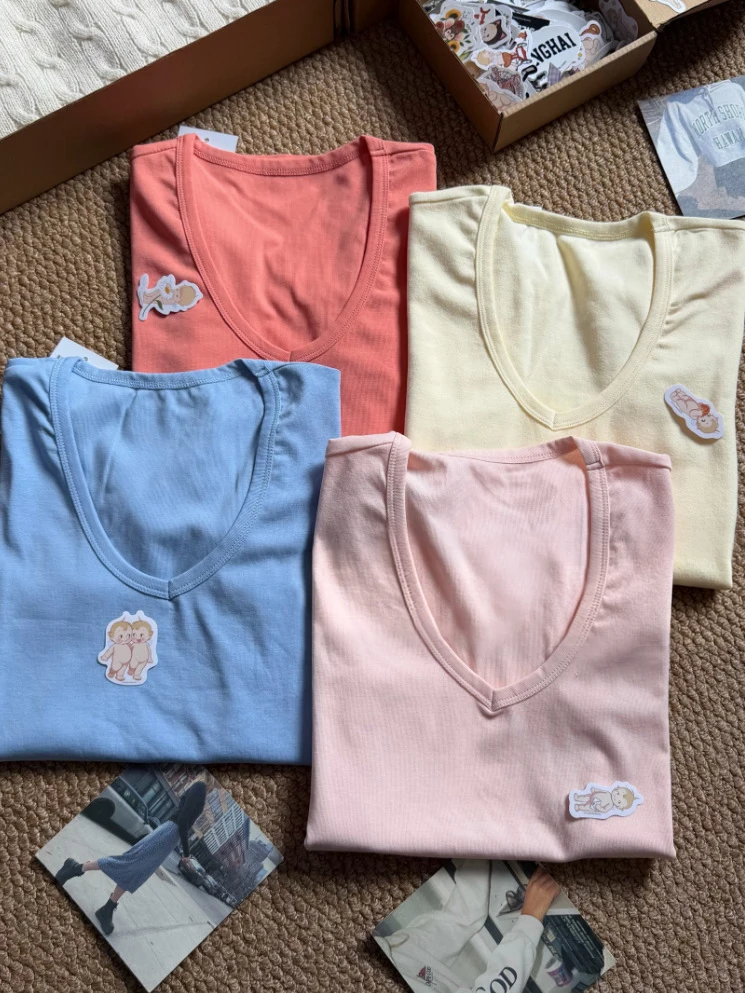 Weiß Baumwolle Grundlegende Dünnes T-Shirt Frauen Sommer Kurzarm V-ausschnitt T-shirts Weibliche Casual Einfache Alle-spiel T-shirt Y2k tops – Detail 3