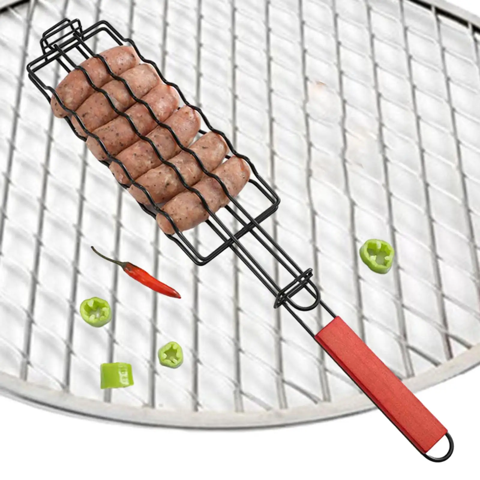 Hot Dogs Grilling Basket Folding Metal Barbecue Sausage Rack Grill Basket for Grilling Vegetables Seafood Diced Meat Outdoor