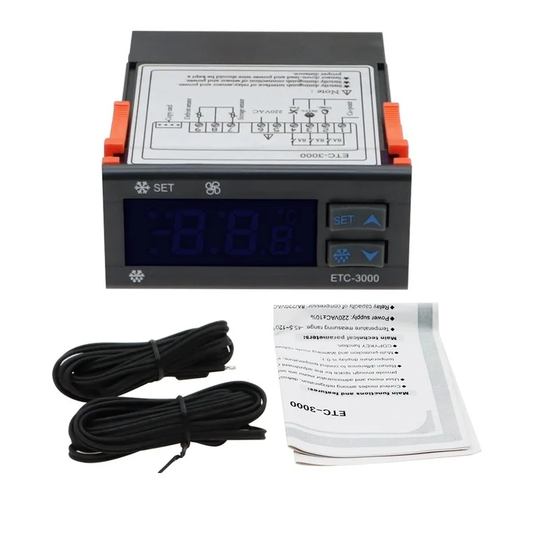 ETC-3000 Mini Digital Temperature Controller with Dual NTC Sensors, 220V Refrigeration Defrosting Fan Temperature Controller