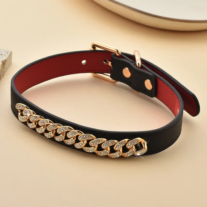 2025Cinturino nero scuro, cinturino da collo in roccia, chiusura a catena girocollo, cinturino in pelle