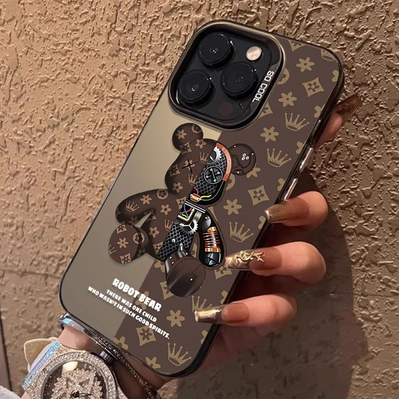 Luxo retro robô urso padrão caso de telefone para iphone 17 pro 16 15 14 13 12 11 pro max 16 plus 16e 17 ar à prova de choque capa traseira