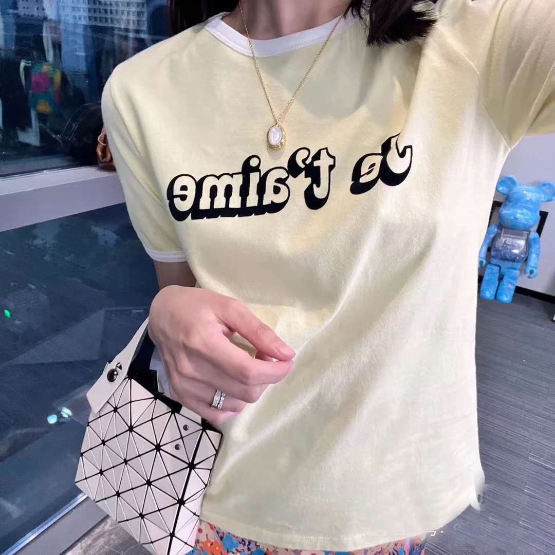 Korean Style Women's T-Shirt Spring Summer Classic Letter Water Printing Versatile Simple Casual White Blue Cotton Short Sleeved