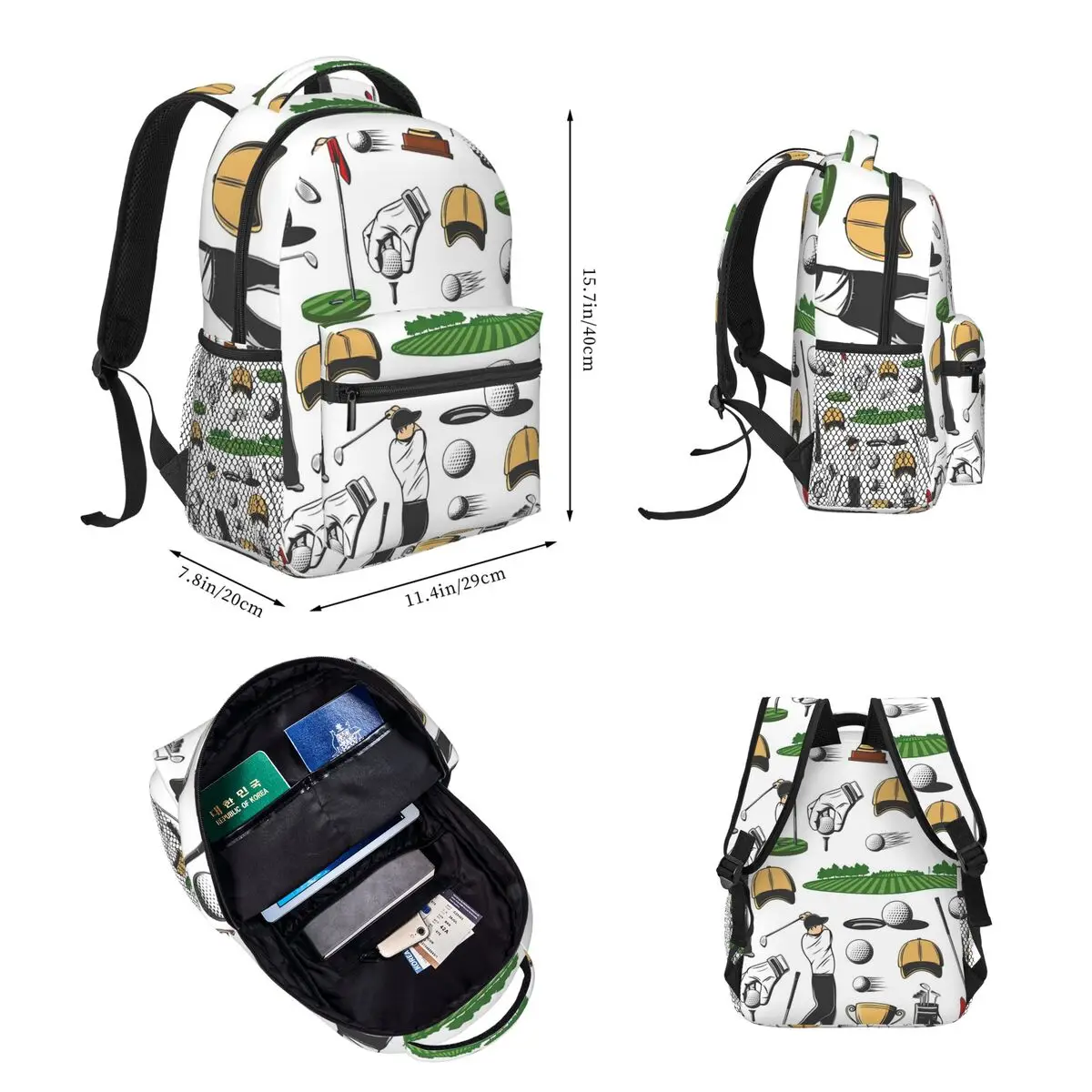 1980s Green Golf Golfing Clubs Trophy Putting Tee Backpacks Bookbag Children School Bags Rucksack Lunch Pen Bag Three-Piece Set